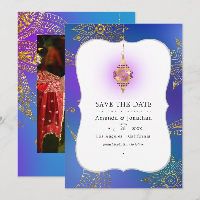 Save The Date Photo de mariage arabe bollywood à feuille d'or (Devant / Derrière)