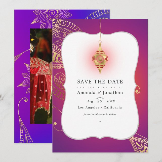 Save The Date Photo de mariage arabe Bollywood à feuille d'or (Devant / Derrière)