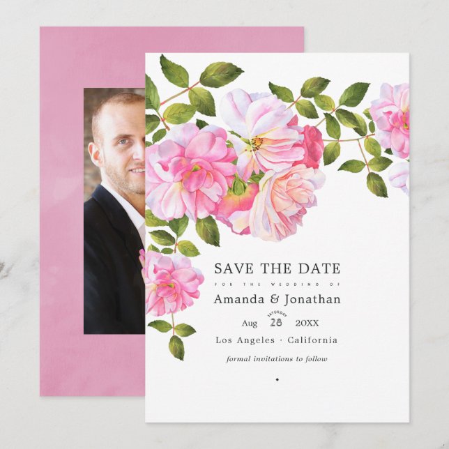 Save The Date Photo de mariage au jardin de roses roses (Devant / Derrière)