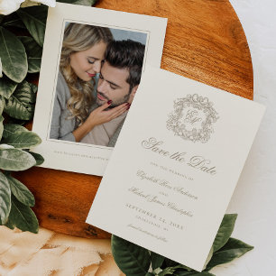 Save The Date Photo de mariage au monogramme de crête ivoire vin