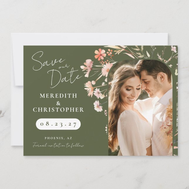 Save The Date Photo de mariage aux fleurs sauvages boho vertes (Devant)