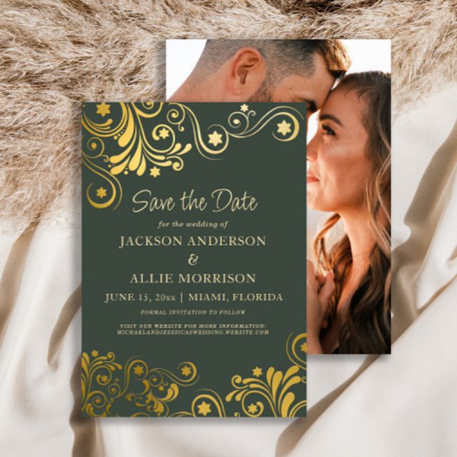 Save The Date Photo de mariage aux tourbillons dorés vert foncé (Dark green and gold wedding Save the Date photo card)