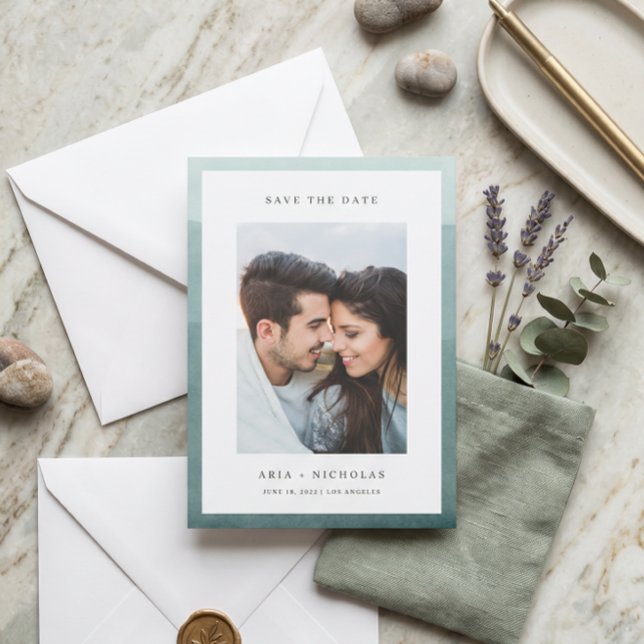 Save The Date Photo de mariage avec bordure aquarelle plongée (Créateur téléchargé)