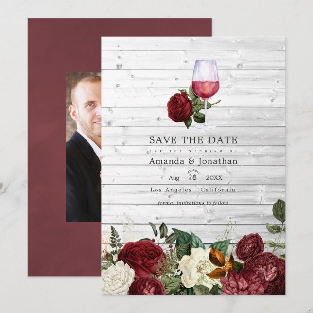 Save The Date Photo de mariage avec dégustation de vin floral bo (Devant / Derrière)