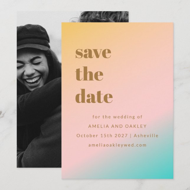 Save The Date Photo de mariage avec typographie ombrée en pêche  (Devant / Derrière)