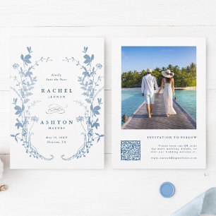 Save The Date Photo de mariage botanique élégant bleu français