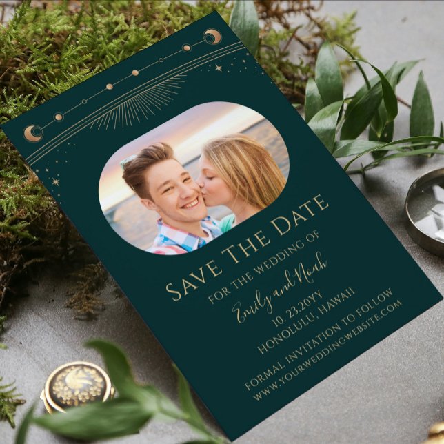 Save The Date Photo de mariage céleste vert or mystique (Créateur téléchargé)