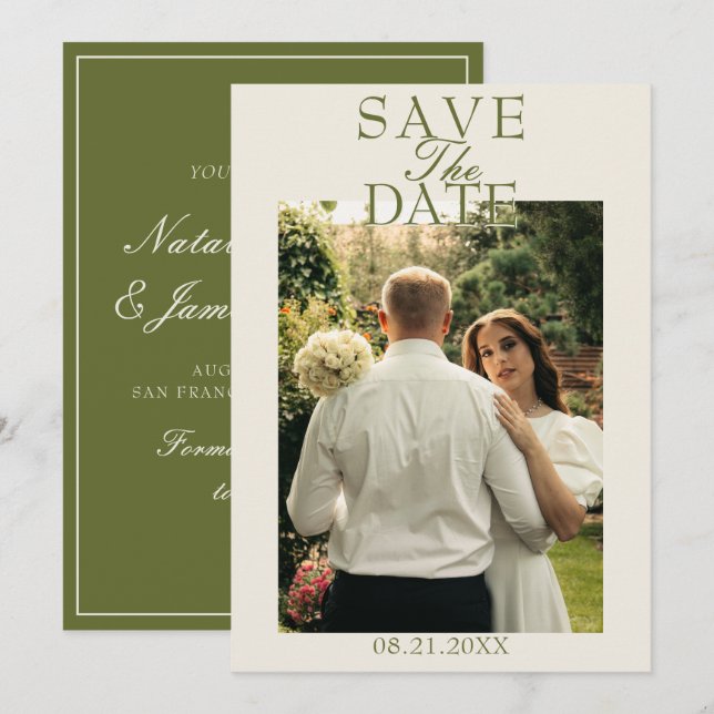 Save The Date Photo de mariage chic vert olive ancien argent (Devant / Derrière)