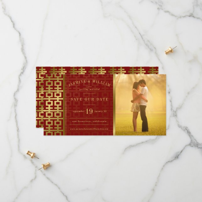 Save The Date Photo de mariage chinois Double Bonheur Doré (Devant/Arrière en situation)