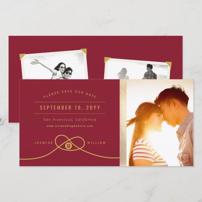 Save The Date Photo de mariage chinois Red Knot Double Happiness (Devant / Derrière)