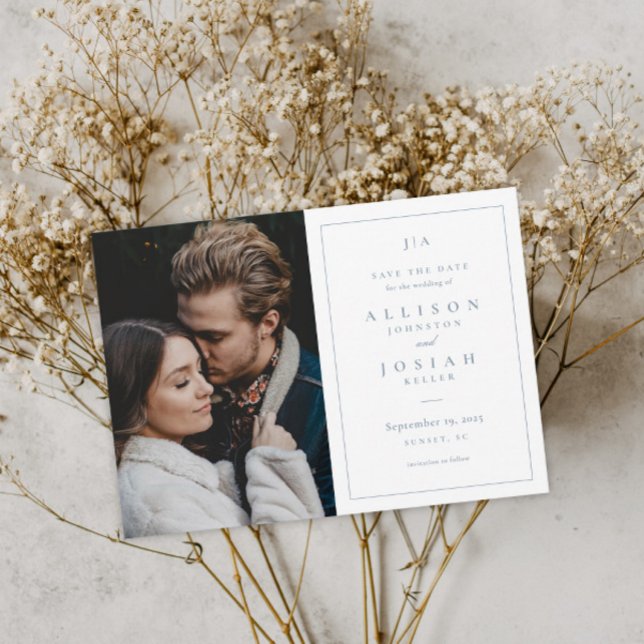 Save The Date Photo de mariage classique Monogramme Bleu Poussié (Créateur téléchargé)