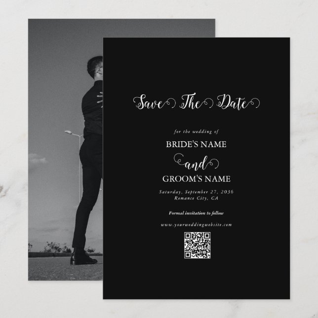 Save The Date Photo de mariage de couple en noir et blanc modern (Devant / Derrière)