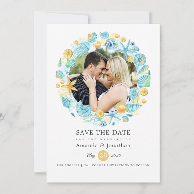 Save The Date Photo de mariage de la vie marine bleue et jaune (Devant)
