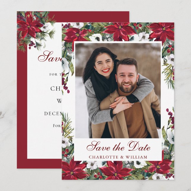 Save The Date Photo de mariage de Noël au poinsettia rouge éléga (Devant / Derrière)