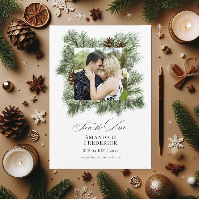 Save The Date Photo de mariage de Noël aux pins élégants d'hiver (Elegant Winter Pines Christmas Wedding Photo Save The Date)