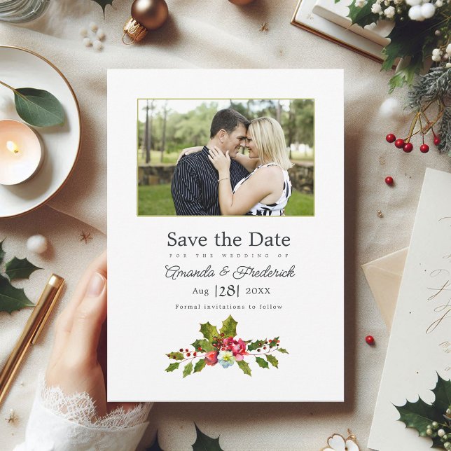 Save The Date Photo de mariage de Noël avec houx et lierre (Holly and Ivy Christmas Wedding Photo Save The Date)