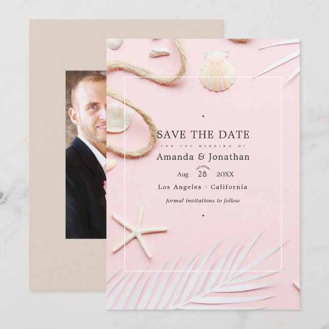 Save The Date Photo de mariage de plage rose blush (Devant / Derrière)