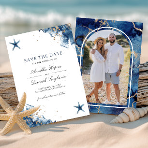 Save The Date Photo de mariage d'étoile de mer Bleu Nautique Nav