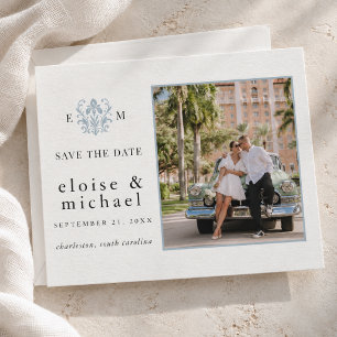 Save The Date Photo de mariage élégant avec monogramme bleu pous