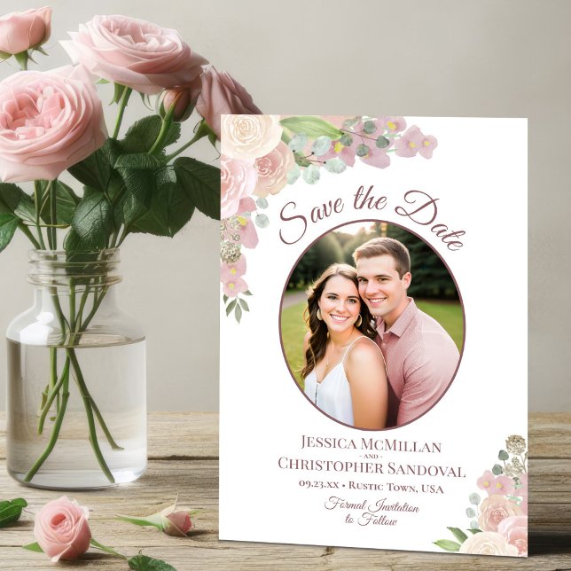 Save The Date Photo de mariage élégant boho floral rose tendre (Créateur téléchargé)