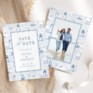 Save The Date Photo de mariage élégant toile de Jouy bleue côtiè