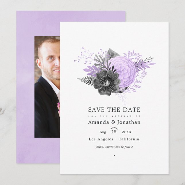Save The Date Photo de mariage floral à la lavande et au charbon (Devant / Derrière)
