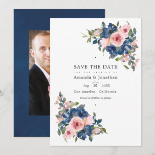Save The Date Photo de mariage floral à l'aquarelle bleu marine 