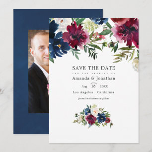 Save The Date Photo de mariage floral aquarelle Bordo et Navy