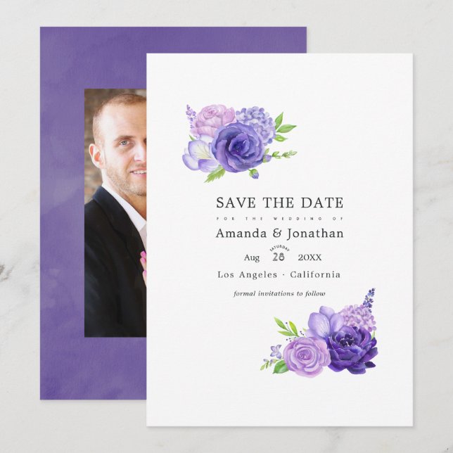Save The Date Photo de mariage floral aquarelle violet ultra (Devant / Derrière)