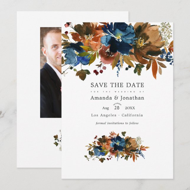 Save The Date Photo de mariage floral au gingembre et marine (Devant / Derrière)