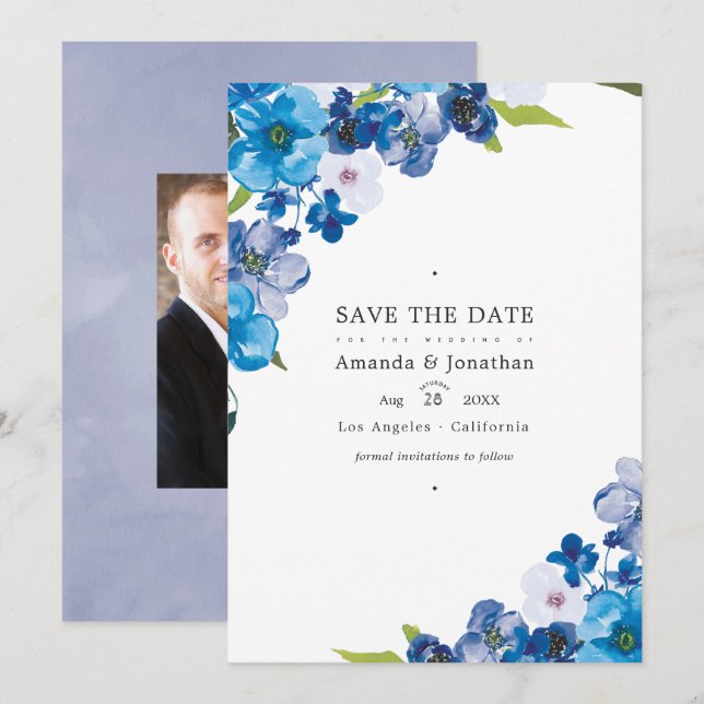 Save The Date Photo de mariage floral aux teintes bleues (Devant / Derrière)