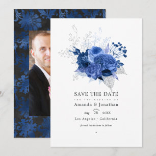 Save The Date Photo de mariage floral bleu royal et argent