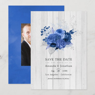 Save The Date Photo de mariage floral bleu royal et argent rusti