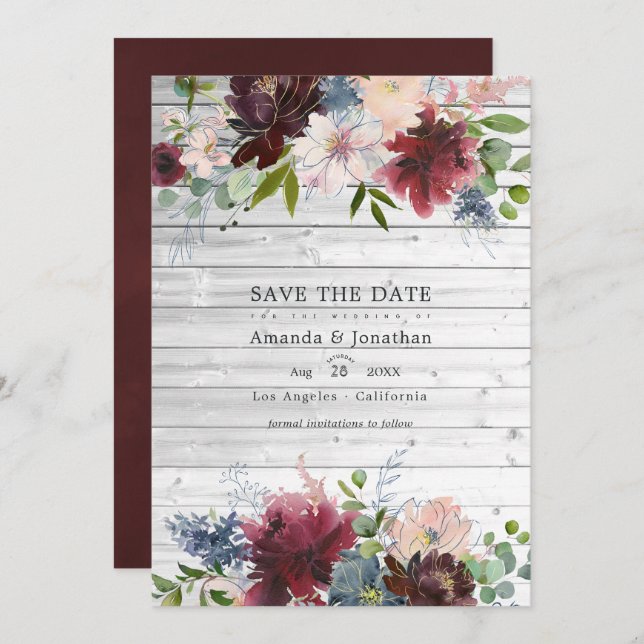 Save The Date Photo de mariage floral bordeaux, marine et rose (Devant / Derrière)