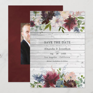 Save The Date Photo de mariage floral bordeaux, marine et rose