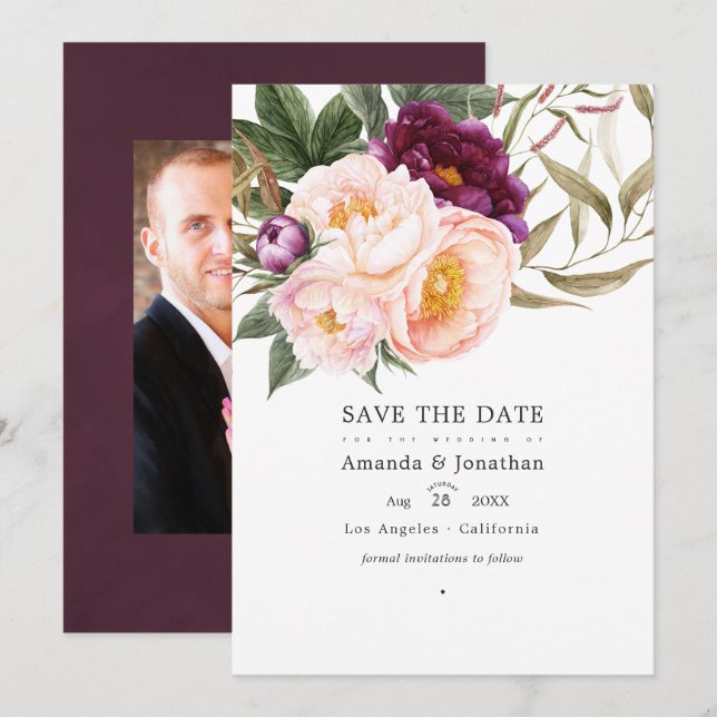 Save The Date Photo de mariage floral de prune et de pêche (Devant / Derrière)