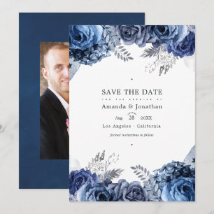 Save The Date Photo de mariage floral en faux foil Navy et argen