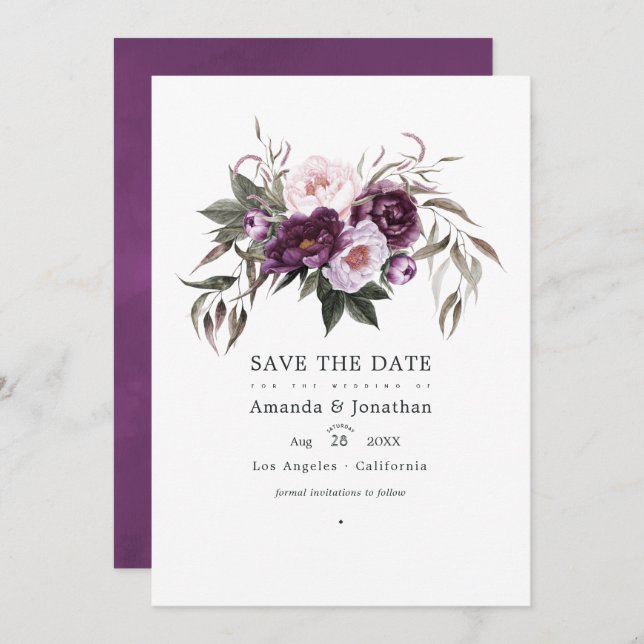 Save The Date Photo de mariage floral en velours profond (Devant / Derrière)