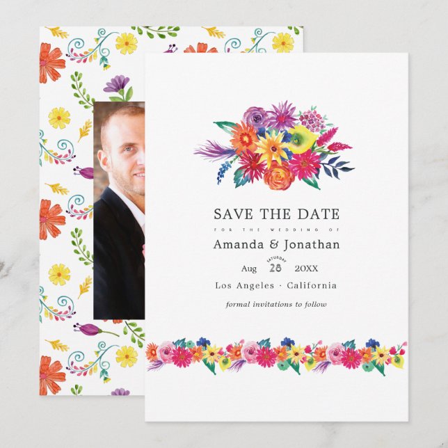 Save The Date Photo de mariage Floral Fiesta (Devant / Derrière)