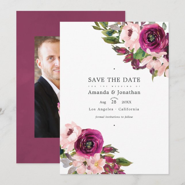 Save The Date Photo de mariage floral Marsala et rose blush (Devant / Derrière)