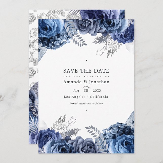 Save The Date Photo de mariage floral Navy et argenté en faux-fo (Devant / Derrière)