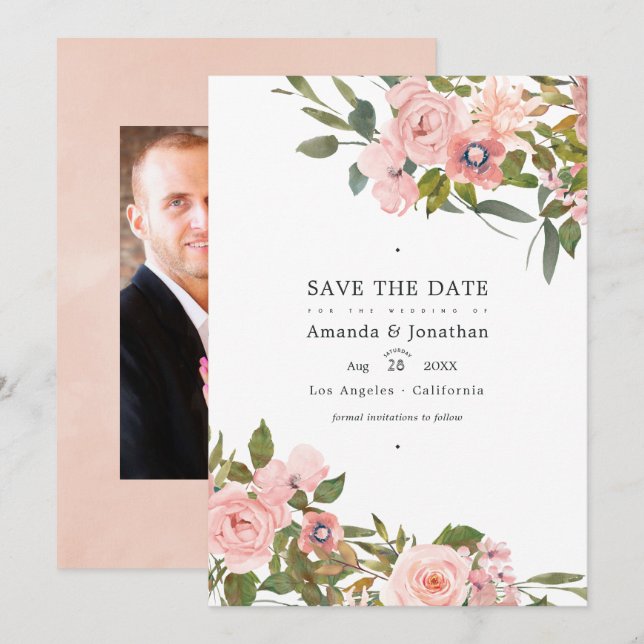 Save The Date Photo de mariage floral rose et or rose (Devant / Derrière)