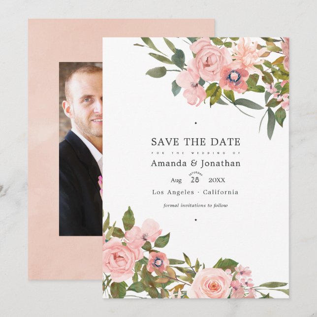 Save The Date Photo de mariage floral rose et or rose pâle (Devant / Derrière)