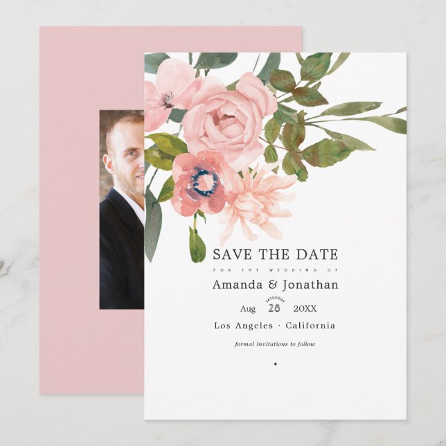 Save The Date Photo de mariage floral rose gold et rose blush (Devant / Derrière)