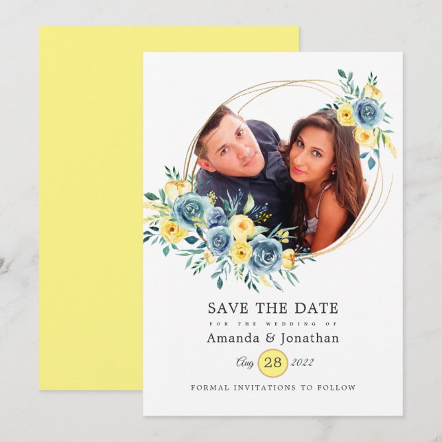 Save The Date Photo de Mariage floral turquoise et jaune (Devant / Derrière)