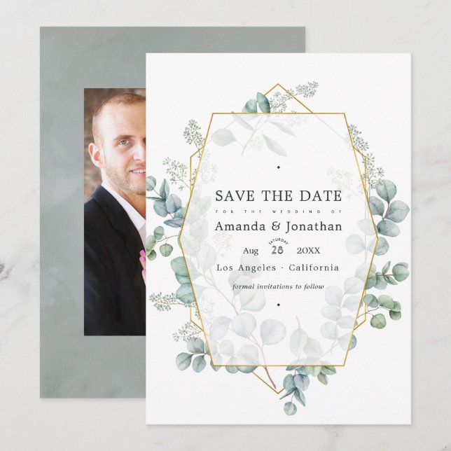 Save The Date Photo de mariage géométrique d'eucalyptus Silver S (Devant / Derrière)