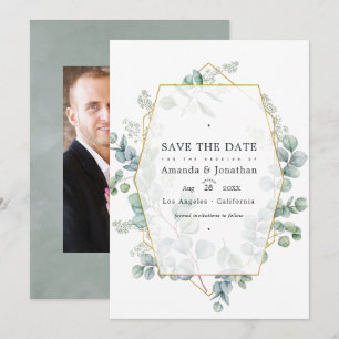 Save The Date Photo de mariage géométrique d'eucalyptus Silver S