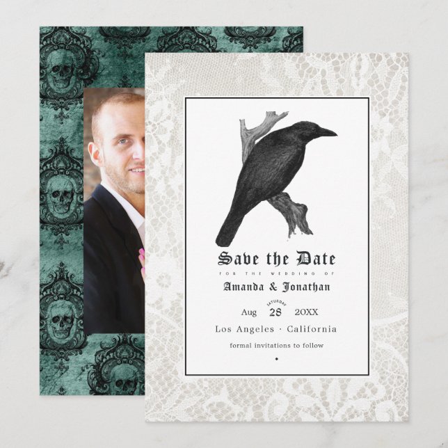 Save The Date Photo de mariage gothique crâne et dentelle (Devant / Derrière)