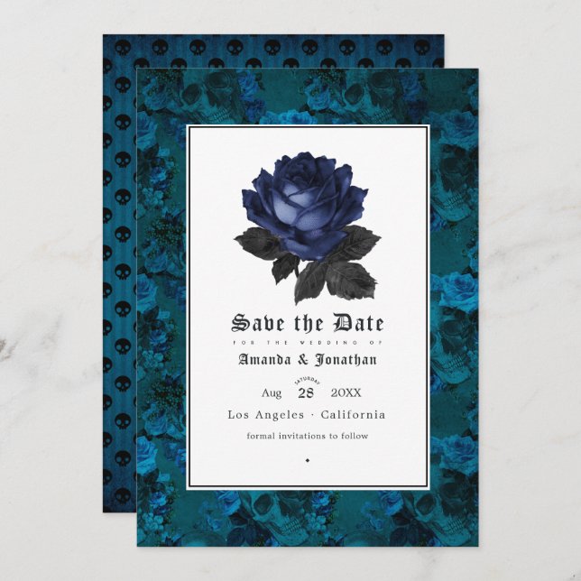 Save The Date Photo de mariage gothique floral noir et bleu (Devant / Derrière)