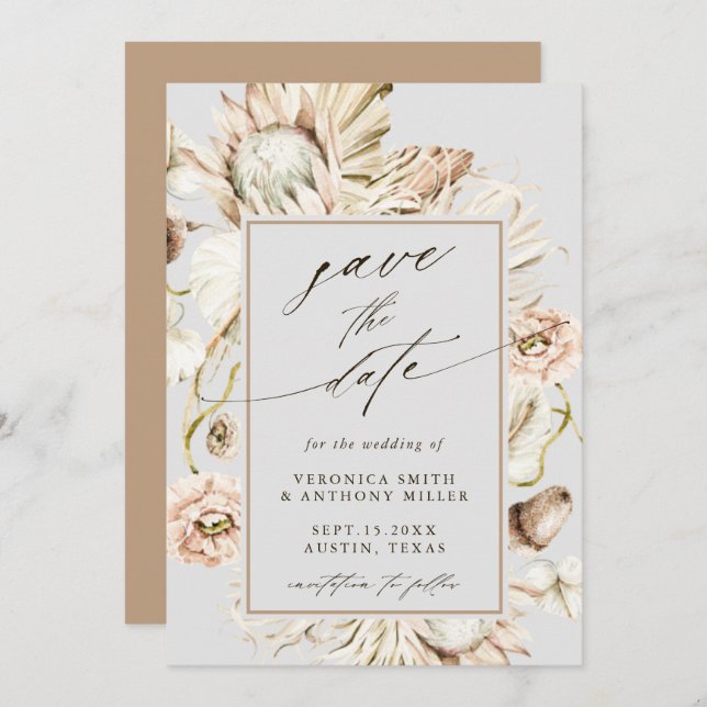 Save The Date Photo de mariage gris Boho Protea Pampas (Devant / Derrière)